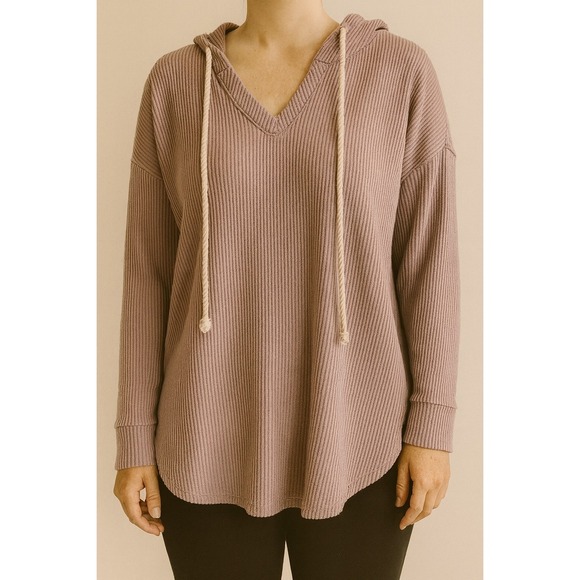 Heimish USA Womens Waffle Knit Hoodie V Neck Long Sleeve Lavender Casual Top - Picture 1 of 5